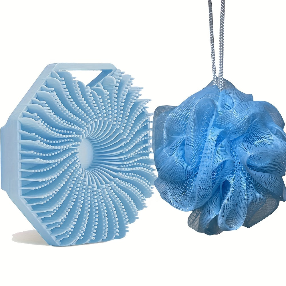 2pcs Combination Package - Antibacterial Silicone Body Scrub And Bathroom Mesh Bag Foam Ball Set, Exfoliating Body Scrub, Suitable for Sensitive Light Beige, Bath Scrub, Suitable for Body Silicone Bath Brush