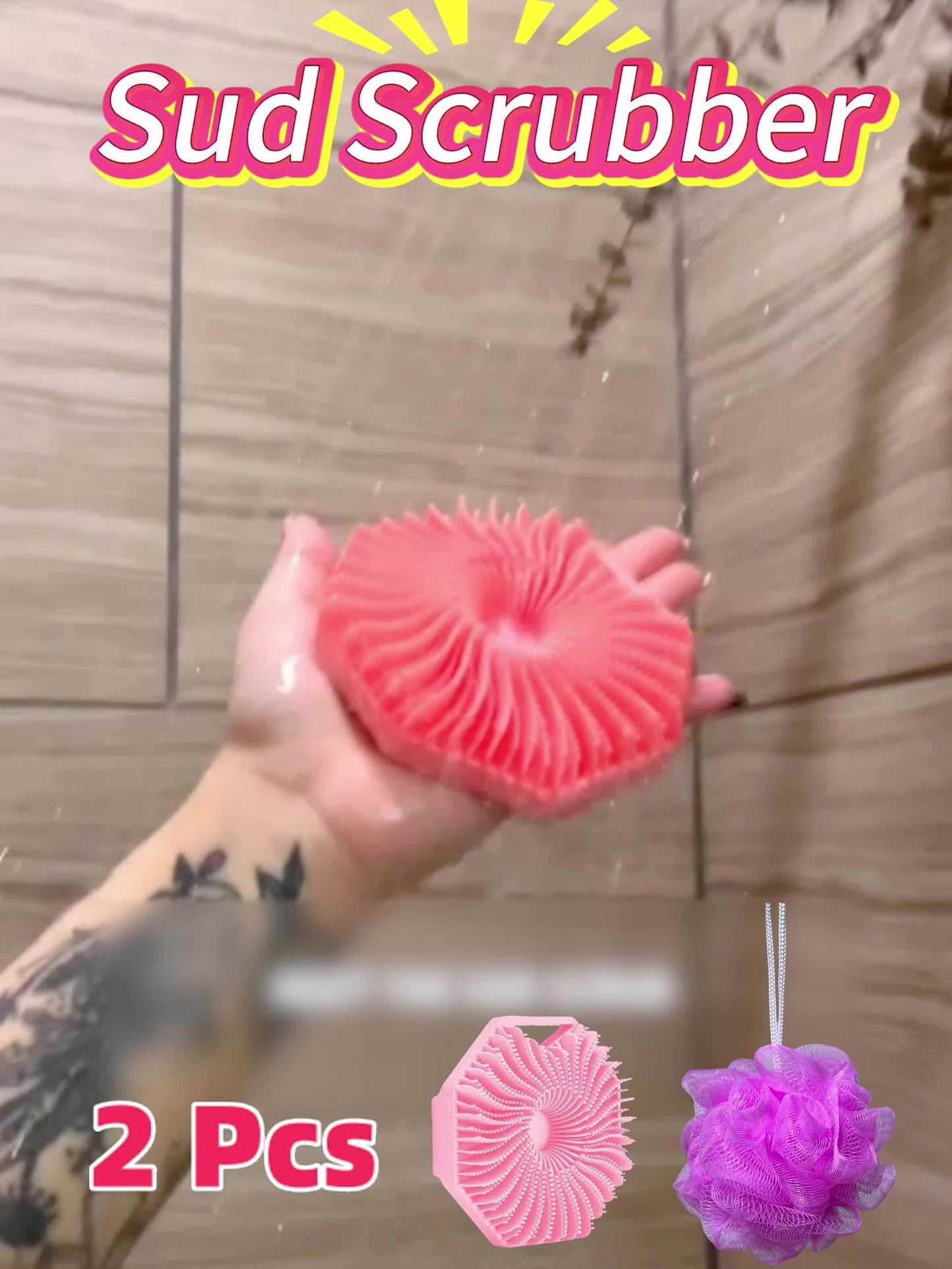 2pcs Combination Package - Antibacterial Silicone Body Scrub And Bathroom Mesh Bag Foam Ball Set, Exfoliating Body Scrub, Suitable for Sensitive Light Beige, Bath Scrub, Suitable for Body Silicone Bath Brush