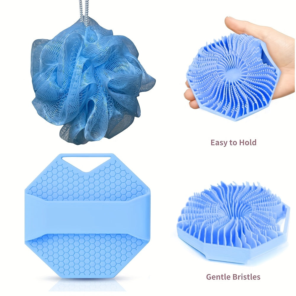 2pcs Combination Package - Antibacterial Silicone Body Scrub And Bathroom Mesh Bag Foam Ball Set, Exfoliating Body Scrub, Suitable for Sensitive Light Beige, Bath Scrub, Suitable for Body Silicone Bath Brush