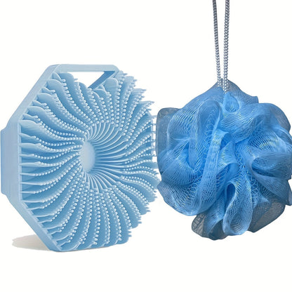 2pcs Combination Package - Antibacterial Silicone Body Scrub And Bathroom Mesh Bag Foam Ball Set, Exfoliating Body Scrub, Suitable for Sensitive Light Beige, Bath Scrub, Suitable for Body Silicone Bath Brush