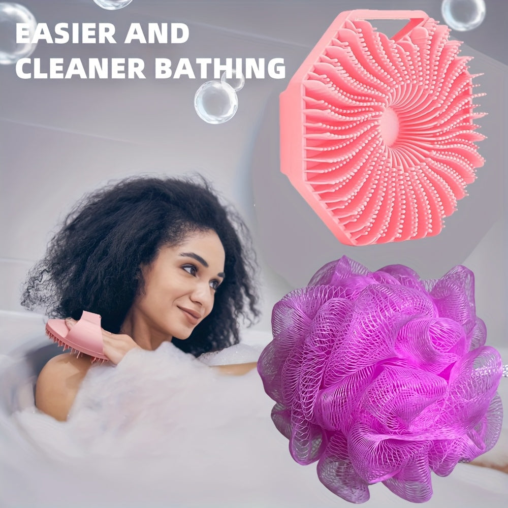 2pcs Combination Package - Antibacterial Silicone Body Scrub And Bathroom Mesh Bag Foam Ball Set, Exfoliating Body Scrub, Suitable for Sensitive Light Beige, Bath Scrub, Suitable for Body Silicone Bath Brush