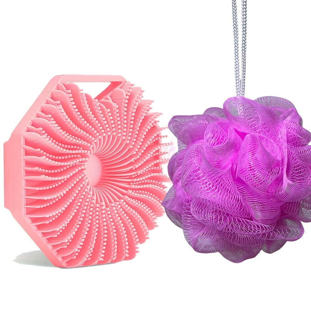 2pcs Combination Package - Antibacterial Silicone Body Scrub And Bathroom Mesh Bag Foam Ball Set, Exfoliating Body Scrub, Suitable for Sensitive Light Beige, Bath Scrub, Suitable for Body Silicone Bath Brush