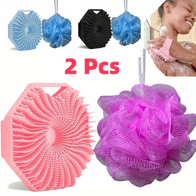 2pcs Combination Package - Antibacterial Silicone Body Scrub And Bathroom Mesh Bag Foam Ball Set, Exfoliating Body Scrub, Suitable for Sensitive Light Beige, Bath Scrub, Suitable for Body Silicone Bath Brush