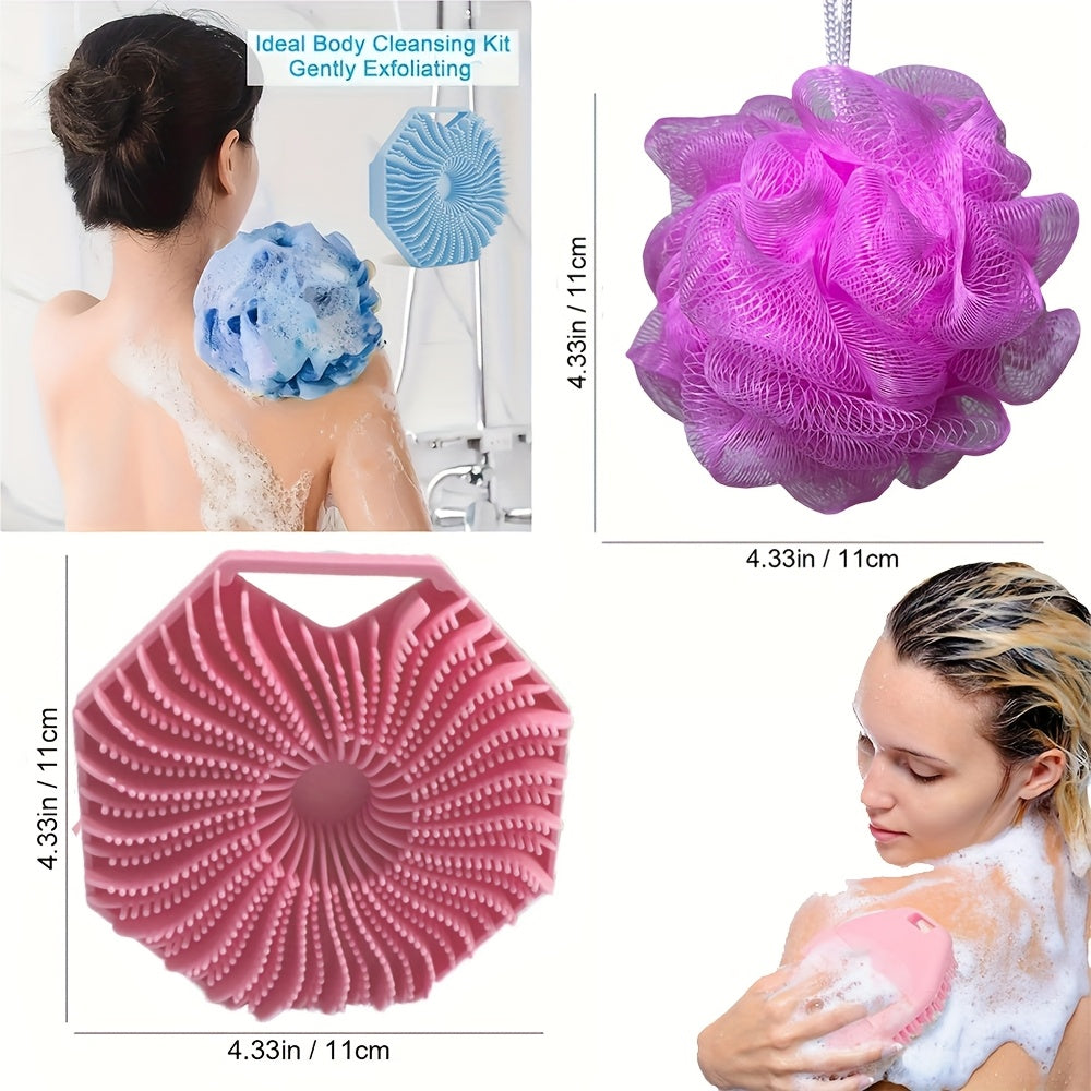 2pcs Combination Package - Antibacterial Silicone Body Scrub And Bathroom Mesh Bag Foam Ball Set, Exfoliating Body Scrub, Suitable for Sensitive Light Beige, Bath Scrub, Suitable for Body Silicone Bath Brush