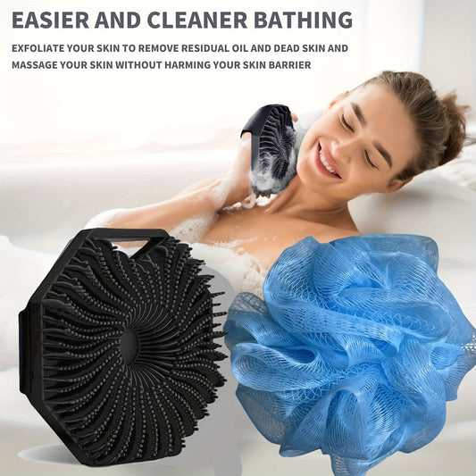 2pcs Combination Package - Antibacterial Silicone Body Scrub And Bathroom Mesh Bag Foam Ball Set, Exfoliating Body Scrub, Suitable for Sensitive Light Beige, Bath Scrub, Suitable for Body Silicone Bath Brush