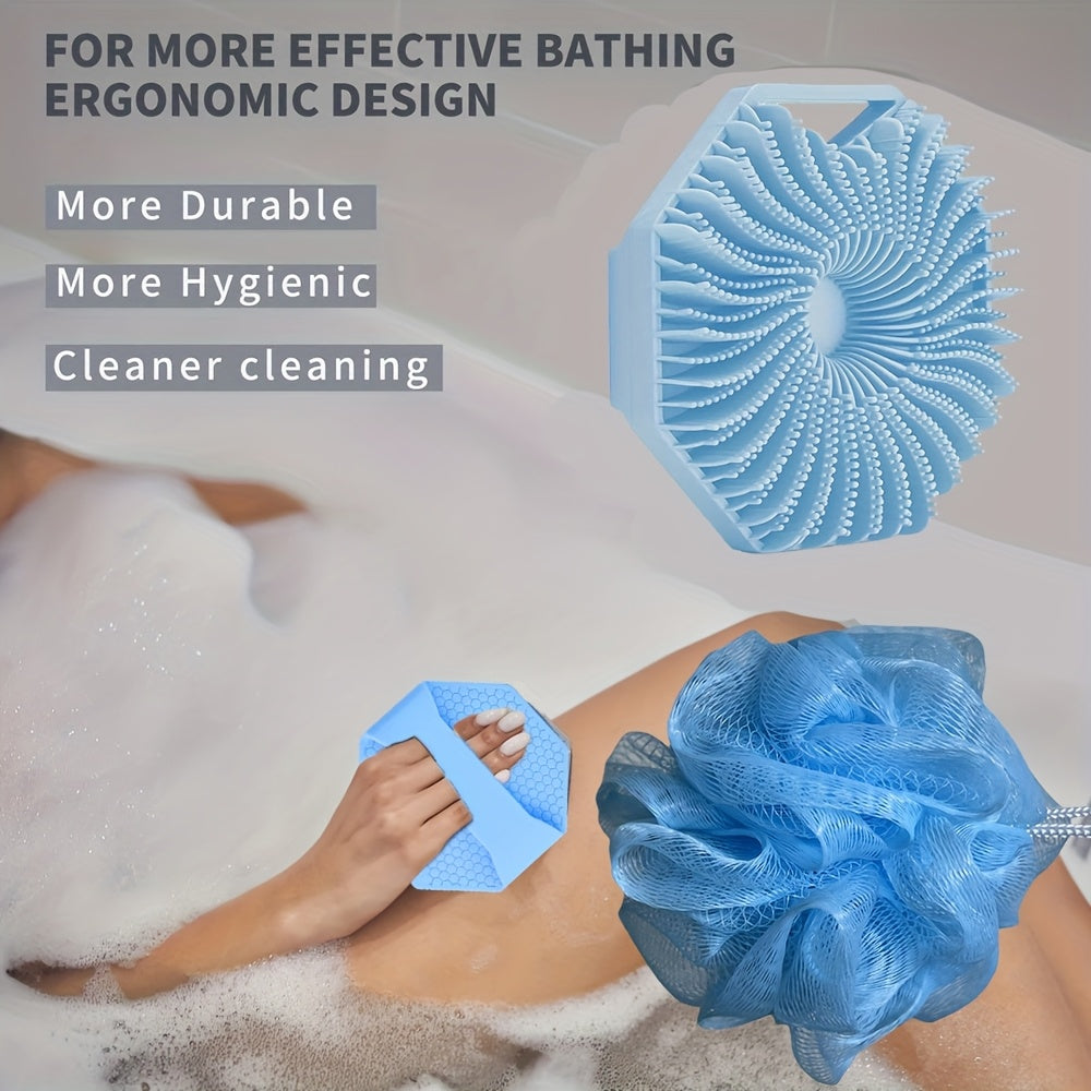2pcs Combination Package - Antibacterial Silicone Body Scrub And Bathroom Mesh Bag Foam Ball Set, Exfoliating Body Scrub, Suitable for Sensitive Light Beige, Bath Scrub, Suitable for Body Silicone Bath Brush