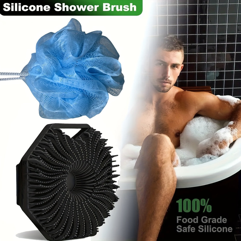 2pcs Combination Package - Antibacterial Silicone Body Scrub And Bathroom Mesh Bag Foam Ball Set, Exfoliating Body Scrub, Suitable for Sensitive Light Beige, Bath Scrub, Suitable for Body Silicone Bath Brush