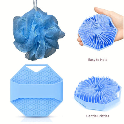 2pcs Combination Package - Antibacterial Silicone Body Scrub And Bathroom Mesh Bag Foam Ball Set, Exfoliating Body Scrub, Suitable for Sensitive Light Beige, Bath Scrub, Suitable for Body Silicone Bath Brush